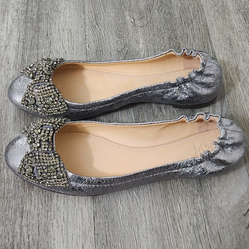 Tory Burch Mettalic Eddie Ballet Flats‎ With Crystal Bow